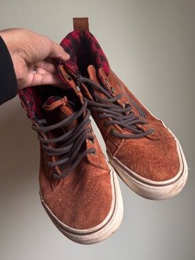 Vans Rust Brown Suede High-Top Sneakers with Red Plaid Lining